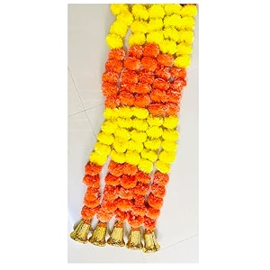 sphinx artificial marigold fluffy flowers and goldensilver hanging bells garlandstoranswall hangings for decoration- 30 flowers per string - yellow and dark orange patterned 50