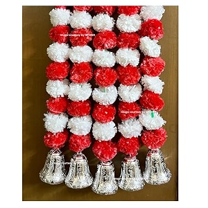 sphinx artificial marigold fluffy flowers and goldensilver hanging bells garlandstoranswall hangings for decoration- 30 flowers per string - white and red 5