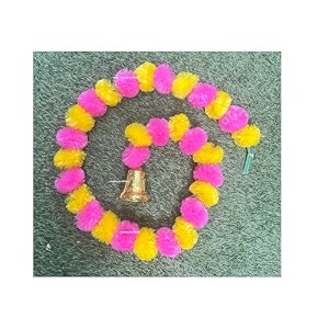 sphinx artificial marigold fluffy flowers and goldensilver hanging bells garlandstoranswall hangings for decoration- 30 flowers per string - yellow and baby pink 2