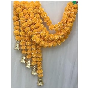 sphinx artificial marigold fluffy flowers and goldensilver hanging bells garlandstoranswall hangings for decoration- 30 flowers per string - light orange 50