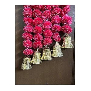 sphinx artificial marigold fluffy flowers and goldensilver hanging bells garlandstoranswall hangings for decoration- 30 flowers per string - dark pinkrani 2