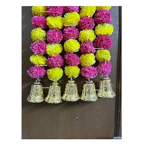 sphinx artificial marigold fluffy flowers and goldensilver hanging bells garlandstoranswall hangings for decoration- 30 flowers per string - yellow and dark pinkrani 10