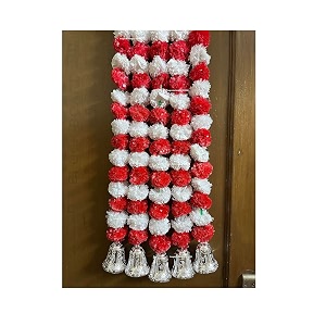 sphinx artificial marigold fluffy flowers and goldensilver hanging bells garlandstoranswall hangings for decoration- 30 flowers per string - white and red 2