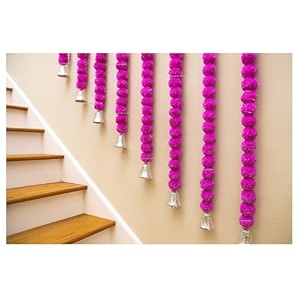 sphinx artificial marigold fluffy flowers and goldensilver hanging bells garlandstoranswall hangings for decoration- 30 flowers per string - baby pink 25