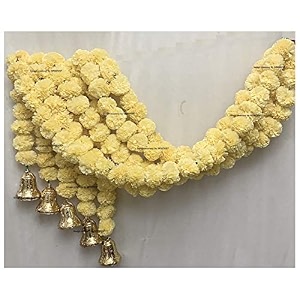sphinx artificial marigold garland with goldensilver bellsfluffy genda phool toran30 flowers per stringdoor hangingtrousseau backdrop wall decordiwali wedding pooja ganesh chaturthi-cream 5