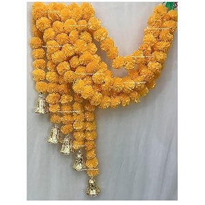 sphinx artificial marigold fluffy flowers and goldensilver hanging bells garlandstoranswall hangings for decoration- 30 flowers per string - light orange 2