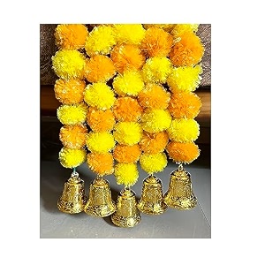 sphinx artificial marigold fluffy flowers and goldensilver hanging bells garlandstoranswall hangings for decoration- 30 flowers per string - yellow and light orange 25