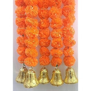 sphinx artificial marigold fluffy flowers and goldensilver hanging bells garlandstoranswall hangings for decoration- 30 flowers per string - dark orange 2 pieces