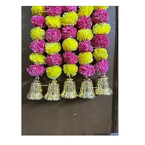 sphinx artificial marigold fluffy flowers and goldensilver hanging bells garlandstoranswall hangings for decoration- 30 flowers per string - yellow and dark pinkrani 25