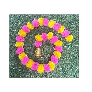 sphinx artificial marigold fluffy flowers and goldensilver hanging bells garlandstoranswall hangings for decoration- 30 flowers per string - yellow and baby pink 10 pieces