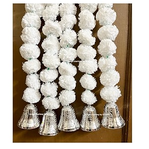 sphinx artificial marigold fluffy flowers and goldensilver hanging bells garlandstoranswall hangings for decoration- 30 flowers per string - white 10
