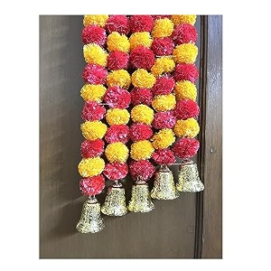 sphinx artificial marigold fluffy flowers and goldensilver hanging bells garlandstoranswall hangings for decoration- 30 flowers per string - light orange and red 2 pieces only