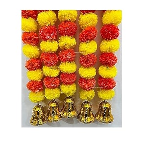 sphinx artificial marigold fluffy flowers and goldensilver hanging bells garlandstoranswall hangings for decoration- 30 flowers per string - yellow and dark orange 10