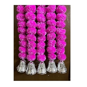 sphinx artificial marigold fluffy flowers and goldensilver hanging bells garlandstoranswall hangings for decoration- 30 flowers per string - baby pink 2