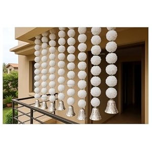 sphinx artificial marigold fluffy flowers and goldensilver hanging bells garlandstoranswall hangings for decoration- 30 flowers per string - white 25