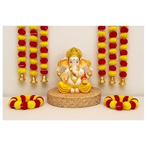 sphinx artificial marigold fluffy flowers and goldensilver hanging bells garlandstoranswall hangings for decoration- 30 flowers per string - yellow and red 25