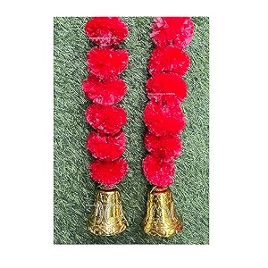 sphinx artificial marigold fluffy flowers and goldensilver hanging bells garlandstoranswall hangings for decoration- 30 flowers per string - red 50