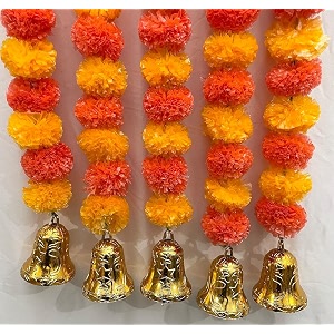 sphinx artificial marigold fluffy flowers and goldensilver hanging bells garlandstoranswall hangings for decoration- 30 flowers per string - light and dark orange 25