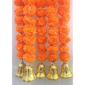 sphinx artificial marigold fluffy flowers and goldensilver hanging bells garlandstoranswall hangings for decoration- 30 flowers per string - dark orange 25 pieces
