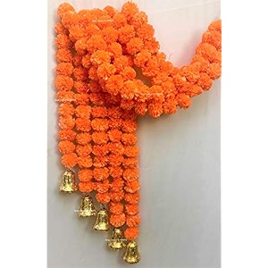 sphinx artificial marigold fluffy flowers and goldensilver hanging bells garlandstoranswall hangings for decoration- 30 flowers per string - dark orange 5