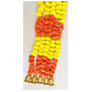 sphinx artificial marigold fluffy flowers and goldensilver hanging bells garlandstoranswall hangings for decoration- 30 flowers per string - yellow and dark orange patterned 2