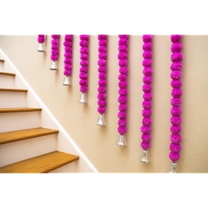 sphinx artificial marigold fluffy flowers and goldensilver hanging bells garlandstoranswall hangings for decoration- 30 flowers per string - baby pink 2
