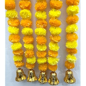 sphinx artificial marigold fluffy flowers and goldensilver hanging bells garlandstoranswall hangings for decoration approx 5 ft- pack of 5 strings yellow amp light orange