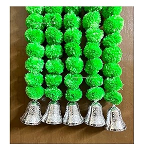 sphinx artificial marigold fluffy flowers and goldensilver hanging bells garlandstoranswall hangings for decoration- 30 flowers per string - green 25
