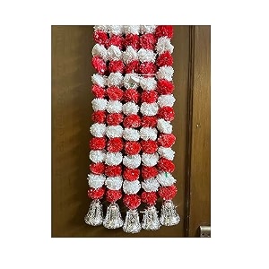 sphinx artificial marigold fluffy flowers and goldensilver hanging bells garlandstoranswall hangings for decoration- 30 flowers per string - white and red 50 pieces