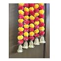 SPHINX Artificial Marigold Fluffy Flowers and Golden/Silver Hanging Bells Garlands/Torans/Wall hangings for Decoration- 30 Flowers per String - (Light Orange and Red, 25)