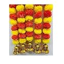 SPHINX Artificial Marigold Fluffy Flowers and Golden/Silver Hanging Bells Garlands/Torans/Wall hangings for Decoration- 30 Flowers per String - (Yellow and Dark Orange, 50)