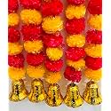 SPHINX Artificial Marigold Fluffy Flowers and Golden/Silver Hanging Bells Garlands/Torans/Wall hangings for Decoration- 30 Flowers per String - (Light Orange and Red, 5)