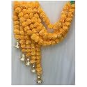 SPHINX Artificial Marigold Fluffy Flowers and Golden/Silver Hanging Bells Garlands/Torans/Wall hangings for Decoration- 30 Flowers per String - (Light Orange, 5)