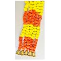 SPHINX Artificial Marigold Fluffy Flowers and Golden/Silver Hanging Bells Garlands/Torans/Wall hangings for Decoration- 30 Flowers per String - (Yellow and Dark Orange Patterned, 50)