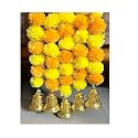 SPHINX Artificial Marigold Fluffy Flowers and Golden/Silver Hanging Bells Garlands/Torans/Wall hangings for Decoration- 30 Flowers per String - (Yellow and Light Orange, 10)