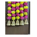 SPHINX Artificial Marigold Fluffy Flowers and Golden/Silver Hanging Bells Garlands/Torans/Wall hangings for Decoration- 30 Flowers per String - (Yellow and Dark Pink/Rani, 10)