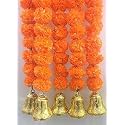 SPHINX Artificial Marigold Fluffy Flowers and Golden/Silver Hanging Bells Garlands/Torans/Wall hangings for Decoration- 30 Flowers per String - (Dark Orange, 50 Pieces)