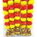 SPHINX Artificial Marigold Garland with Golden Bells, Fluffy Genda Phool Toran,30 Flowers per String,Door Hanging,Trousseau Backdrop Decor,Diwali Pooja Ganesh Chaturthi- (Yellow and Dark Orange, 5)