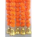 SPHINX Artificial Marigold Fluffy Flowers and Golden/Silver Hanging Bells Garlands/Torans/Wall hangings for Decoration- 30 Flowers per String - (Dark Orange, 2 Pieces)
