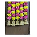 SPHINX Artificial Marigold Fluffy Flowers and Golden/Silver Hanging Bells Garlands/Torans/Wall hangings for Decoration- 30 Flowers per String - (Yellow and Dark Pink/Rani, 50)