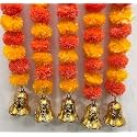 SPHINX Artificial Marigold Fluffy Flowers and Golden/Silver Hanging Bells Garlands/Torans/Wall hangings for Decoration- 30 Flowers per String - (Light and Dark Orange, 25)