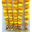 SPHINX Artificial Marigold Fluffy Flowers and Golden/Silver Hanging Bells Garlands/Torans/Wall hangings for Decoration Approx 5 ft- Pack of 5 Strings (Yellow &amp; Light Orange)