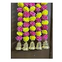 SPHINX Artificial Marigold Fluffy Flowers and Golden/Silver Hanging Bells Garlands/Torans/Wall hangings for Decoration- 30 Flowers per String - (Yellow and Dark Pink/Rani, 2 Piececs)