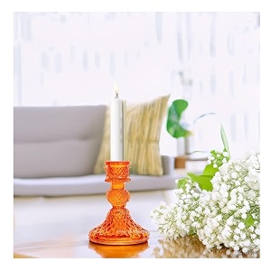 sphinx mouthblown handcrafted glass taper candle holders candle stand - centerpiece for table for ganesh chaturthi diwali and festive decorations -orange height 11 cms44 inch 1 piece