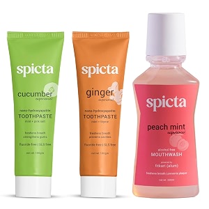 spicta cucumber mint amp ginger mint natural hydroxyapatite toothpaste amp peach mint mouthwash  alcohol free mouthwash with fitkari alum  fluoride free sls free for adults amp kids pack of 3