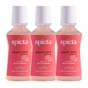 spicta peach mint mouthwash 250ml pack of 3  alcohol free mouthwash liquid with fitkari alum natural fresh herbal bad breath remover  teeth whitening removes plaque mouthwash for adults amp kids