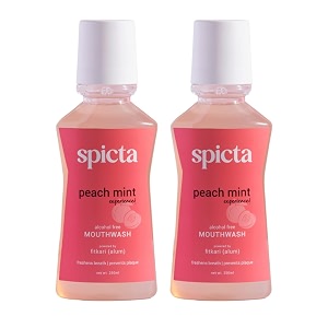 spicta peach mint mouthwash 250ml pack of 2  alcohol free mouthwash liquid with fitkari alum natural fresh herbal bad breath remover  teeth whitening removes plaque mouthwash