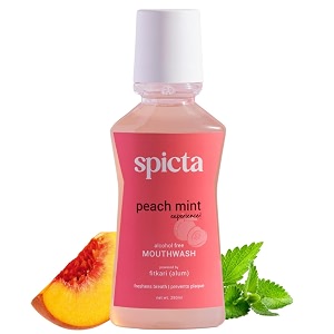 spicta peach mint mouthwash 250ml  alcohol free mouthwash liquid with fitkari alum natural fresh herbal bad breath remover  teeth whitening removes plaque mouthwash for adults amp kids