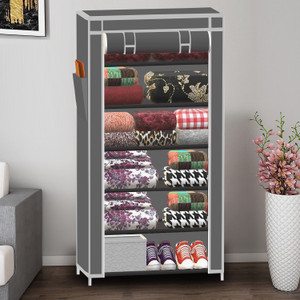 spirited 1 door 6 shelf solid pp collapsible wardrobe finish color - a6 grey diydo-it-yourself