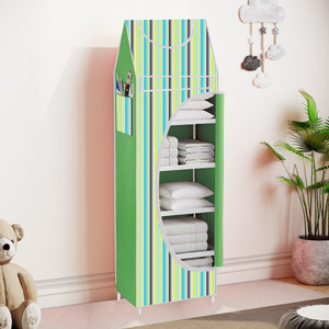 spirited baby 6 shelve unbreakable material carbon steel collapsible wardrobe finish color - green strip cover print diydo-it-yourself